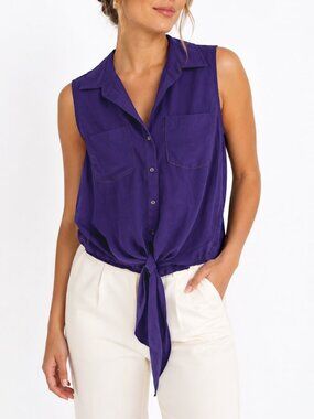 Vintage Zoa New York Sleeveless Tie-Front Button Down in Deep Purple silk feel